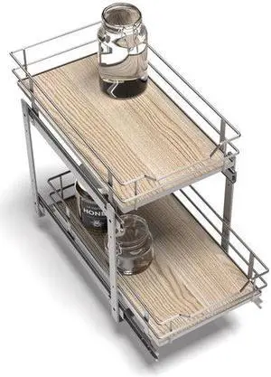 Home Zone Living Pull Out Kitchen Cabinet Organizer with 2 Tiers of Storage for Easy Access, 12W x 20D, Satin Nickel With Light Brown, Virtuoso Collection