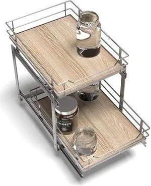 Home Zone Living Pull Out Kitchen Cabinet Organizer with 2 Tiers of Storage for Easy Access, 15W x 20D, Satin Nickel with Light Brown, Virtuoso Collection