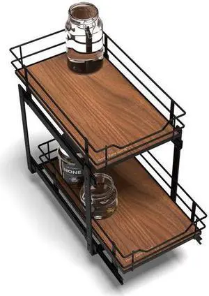 Home Zone Living Pull Out Kitchen Cabinet Organizer with 2 Tiers of Storage for Easy Access, 12W x 20D, Matte Black with Dark Brown, Virtuoso Collection