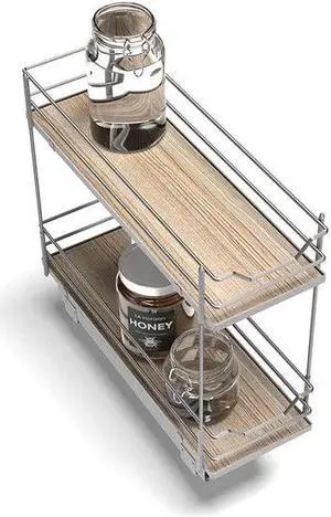 Home Zone Living Pull Out Kitchen Cabinet Organizer with 2 Tiers of Storage for Easy Access, 7.5W x 20D, Satin Nickel with Light Brown, Virtuoso Collection