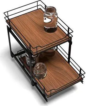 Home Zone Living Pull Out Kitchen Cabinet Organizer with 2 Tiers of Storage for Easy Access, 15W x 20D, Matte Black With Dark Brown, Virtuoso Collection