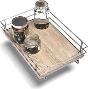 Home Zone Living 1 Tier Organizer, Kitchen Under Sink Storage, Pantry Organizers and Storage, Pull Out Cabinet Shelf Organizer, 14W x 21D, Satin Nickel Light Brown Wood Finish, Virtuoso Collection