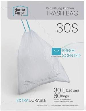 Home Zone Living 8 Gallon Kitchen Trash Bags with Drawstring Handles, Heavy Duty Custom Fit Design for Standard 30 Liter Kitchen Trash Cans, Code 30S, 60 Count