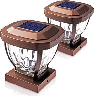 Home Zone Security Solar Post Cap Lights - Decorative Glass LED Outdoor 4x4 (3.5 x 3.5 in.) Post Lights, Bronze (2-Pack)