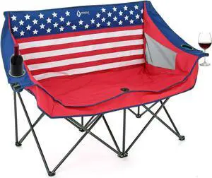 ARROWHEAD OUTDOOR Portable Folding Double Duo Camping Chair Loveseat w/ 2 Cup & Wine Glass Holder, Heavy-Duty Carrying Bag, Padded Seats & Armrests, Supports up to 500lbs, American Flag, USA-Support