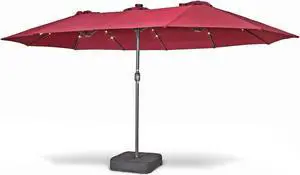 Home Zone Living 15x9 Ft Double Head Patio Umbrella with Base, 36 LED Lights, Sand Bags, UV Resistant & Waterproof, 213 LBS Total Weight, Burgundy Red