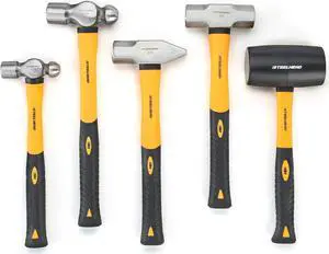 STEELHEAD 5-Piece Fiberglass Handle Hammer & Mallet Set, 16oz Ball-Peen Hammer, 32oz Ball-Pein Hammer, 32oz Rubber Mallet, 3lb Sledge Hammer, 3lb Cross-Pain Hammer, Metal Working, USA-Based Support