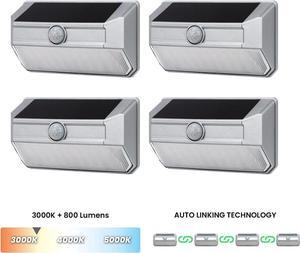 Home Zone Mesh Linkable Series 4-Pack Solar SMD LED Security Wall Pack Light, 800LM, Auto-Linking, 120°x26 ft Motion Detection, 3000L Warm White, 800 Lumens, Customizable 4-Channel Settings, Silver