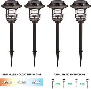 Mesh Linkable Series 4-Pack Solar LED Security Pathway Light w/ LiFePO4 Battery, 300LM, Auto-linking, 110°x16 ft Motion Detection, CCT 3000K/4000K/5000K, 4-Channel Settings, Stainless Steel, Bronze