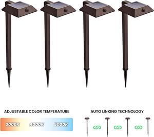 Mesh Linkable Series 4-Pack Solar LED Security Pathway Light w/ LiFePO4 Battery, 300LM, Auto-linking, 110°x16 ft Motion Detection, CCT 3000K/4000K/5000K, 4-Channel Settings, Stainless Steel, Bronze