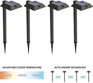 Mesh Linkable Series 4-Pack Solar LED Security Pathway Light w/ LiFePO4 Battery, 300LM, Auto-linking, 110°x16 ft Motion Detection, CCT 3000K/4000K/5000K, 4-Channel Settings, Stainless Steel, Black