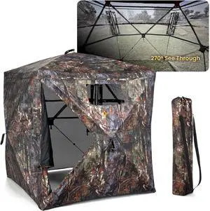 ARROWHEAD OUTDOOR 270° Vision 4.8x4.8 Ft Pop-up 2-3 Person See-Through Hunting Stealth Deer Blind Shelter w/Magnetic Door, Sliding Windows and Backpack Carry Bag, Noise-Free Camouflage Design