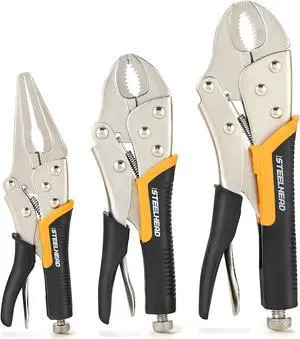 STEELHEAD 3-Piece Locking Pliers Set, 10-inch Curved Jaw, 7-Inch Curved Jaw & 6-1/2 Long Nose Straight Jaw, Integrated Wire Cutter, USA-Based Support