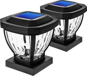 Home Zone Security Solar Post Cap Lights - Decorative Glass LED Outdoor 4x4 (3.5 x 3.5 in.) Post Lights, Black (2-Pack)
