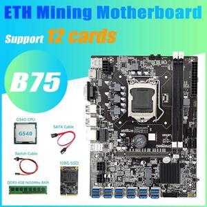 B75 BTC Mining Motherboard 12 PCIE to USB+G540 CPU+DDR3 4GB 1600Mhz RAM+128G SSD+Switch Cable+SATA Cable Motherboard