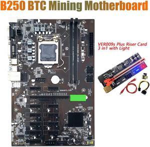 B250 BTC Mining Motherboard with 009S Plus Riser Card 3 In1 with Light 12XGraphics Card Slot LGA 1151 DDR4 for BTC Miner