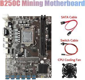 B250C BTC Mining Motherboard with G3930 CPU+Fan+SATA Cable+Switch Cable 12XPCIE to USB3.0 GPU Slot Support DDR4 DIMM RAM