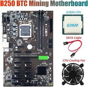 B250 BTC Miner Motherboard with G3920 CPU+Fan+SATA Cable 12XGraphics Card Slot LGA 1151 DDR4 USB3.0 for BTC Mining