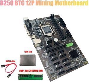 B250 BTC Mining Motherboard with DDR4 4GB 2666Mhz RAM+SATA 120G SSD+Cable LGA 1151 12XGraphics Card Slot for BTC Miner