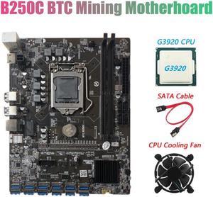 B250C BTC Mining Motherboard with G3920 CPU+Fan+SATA Cable 12XPCIE to USB3.0 Graphics Card Slot LGA1151 Support DDR4 RAM