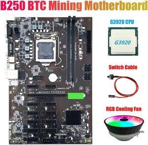 B250 BTC Mining Motherboard with G3920 CPU+RGB Fan+Switch Cable 12XGraphics Card Slot LGA 1151 DDR4 USB3.0 for BTC Miner