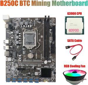 B250C Mining Motherboard with RGB Cooling Fan+G3900 CPU+SATA Cable 12 PCIE to USB3.0 GPU Slot LGA1151 Support DDR4 RAM