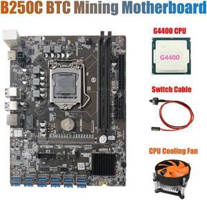 B250C Mining Motherboard with Cooling Fan+G4400 CPU+Switch Cable 12 PCIE to USB3.0 GPU Slot LGA1151 Support DDR4 RAM