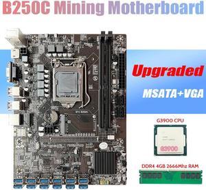 BTC B250C BTC Miner Motherboard with G3900 CPU+DDR4 4GB 2666MHZ RAM 12XPCIE to USB3.0 Card Slot MSATA for ETH Mining