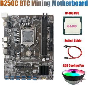 B250C Mining Motherboard with RGB Fan+G4400 CPU+Switch Cable 12 PCIE to USB3.0 GPU Slot LGA1151 Support DDR4 DIMM RAM