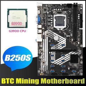 B250S BTC Mining Motherboard+G3900 CPU LGA1151 11XUSB3.0+1XPCIE 16X Slot DDR4 SATA 3.0 USB3.0 for ETH Miner Motherboard