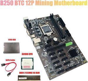 B250 BTC Mining Motherboard with G3900 CPU+120G SSD+DDR4 4GB 2133Mhz RAM+SATA Cable LGA 1151 12XCard Slot for BTC Miner