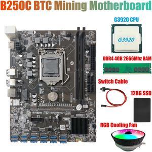 B250C BTC Miner Motherboard+G3920 CPU+RGB Fan+DDR4 4GB 2666Mhz RAM+128G SSD+Switch Cable 12XPCIE to USB3.0 GPU Card Slot