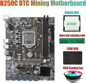 B250C BTC Miner Motherboard+G3920 CPU+RGB Fan+DDR4 4GB 2666Mhz RAM+128G SSD 12XPCIE to USB3.0 Graphics Card Slot