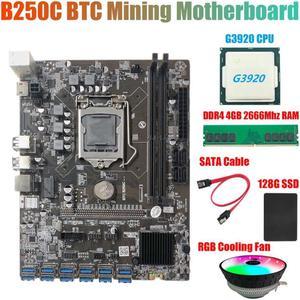 B250C BTC Miner Motherboard+G3920 CPU+RGB Fan+DDR4 4GB 2666Mhz RAM+128G SSD+SATA Cable 12XPCIE to USB3.0 GPU Card Slot