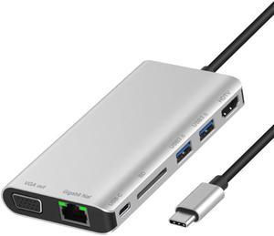 Type-C Multi-function Dock Station with USB3.0x2/SDx1 Card+HDMI-compatible VGA+JACK 3.5+RJ45+Type-c(PD) Port