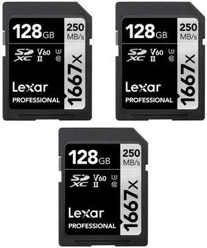 Lexar LSD128CBNA1667 Professional SDHC/SDXC 1667x UHS-II 128GB Memory Card (3-Pack) Lexar LSD128CBNA1667 Professional SDHC/SDXC 1667x UHS-II 128GB Memory Card (3-Pack)