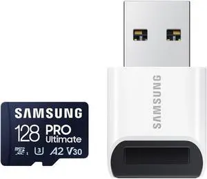 SAMSUNG PRO Ultimate microSD Memory Card+Reader, 128GB microSDXC, Up to 200 MB/s, 4K UHD, UHS-I, Class 10, U3,V30, A2 for GoPRO Action Cam, DJI Drone, Gaming, Phones, Tablets, MB-MY128SB/AM