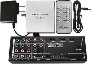 RCA VGA Video AV Audio HDMI Switch 8x1 Switcher Analog HDTV Splitt Converter Box Multi-Functional HDMI Converter Switch 8 Inputs to HDMI+COAXIAL+SPDIF Output Support 3D and Surround Sound for 1080P HD