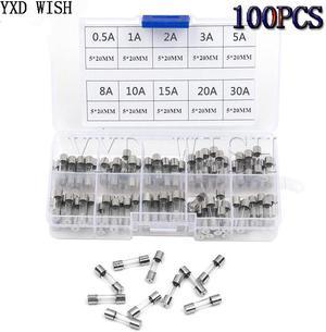 Kit assorti de fusibles 100 pièces/boîte 5x20mm, ensemble de fusibles en verre à soufflage rapide, paquet de 0,5a 1A 2A 3A 5A 8A 10A 15A 20A 30A