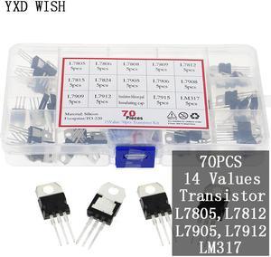 Kit de régulateur de tension avec boîte de rangement, 70 pièces, 14 valeurs L7805CV L7806CV L7812CV L7912CV LM317T Transistor