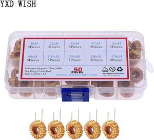 50pcs Noyau toroïdal Inducteur Kit 10uH 22uH 33uH 47uH 56uH 68uH 100uH 220uH 330uH 470uH Inducteurs Ensemble Magnétique D'enroulement D'inductance