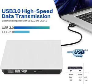 External CD/DVD Drive for Laptop, USB 3.0 Ultra-Slim Portable Burner Writer Compatible with Mac MacBook Pro/Air iMac Desktop Windows 7/8/10/XP/Vista (White)