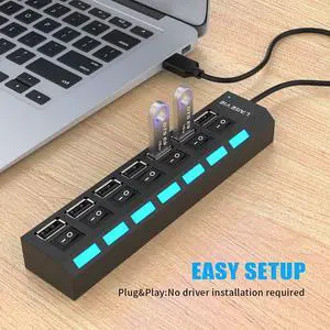 Multi Port USB Splitter, 7 Port USB 2.0 Hub, USB A Port Data Hub with Independent On/Off Switch and LED Indicators, Lights for Laptop, PC, Computer