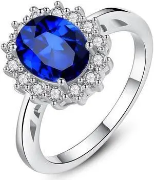 14K White Gold-Plated 1.80 CTW Oval Sparkling Blue Halo CZ Cubic Zirconia Anniversary Statement Cocktail Party Ring Gift 12