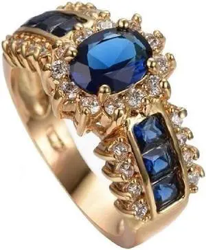 18K Yellow Gold Plated 3.50 CTW Sparkling Violet Blue Sapphire CZ Halo Anniversary Wedding Statement Cocktail Party Ring Gift 8