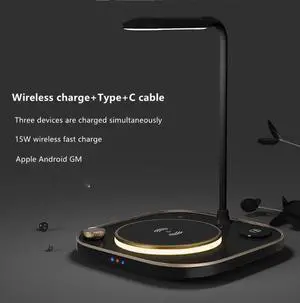 STARNOONTEK  Four in-one desk lamp wireless charger, 15W fast charging, compatible with all Iphones, Android phones, iWatch Series, AirPods Black