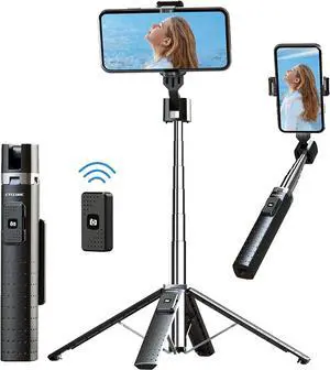 STARNOONTEK 40 Inch Aluminum Selfie Stick Tripod Quadrapod, Onboard Light, Wireless Bluetooth Remote, Extendable, 3 Light Modes, 9 Brightness Levels, Compatible with All iPhone & Android Devices