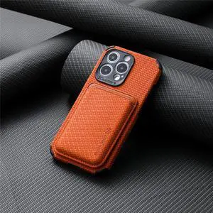 iPhone 14 Pro Max case design, mobile phone case back paste Magsafe magnetic suction card bag fiber grain, upgrade the enhanced camera protection Brown