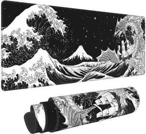 STARNOONTEK Black and White XL Extended Large Mouse Mat Desk Pad Japanese Waves Sea Dragon Gaming Mouse Pad Stitched Edges Mousepad Long Non-Slip Rubber Base Mice Pad 31.5 X 11.8 Inch