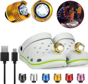 vibebli Rechargeable Headlights for Croc 2pcs, Flashlights Attachment for Croc, Charms Accessories Headlights for Kids Adults Men Women, Clip on Clog Headlights for Crock Shoes Gold